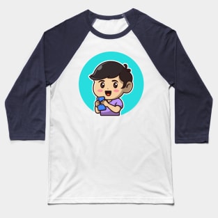 Cute Boy With Phone Cartoon Illustration Baseball T-Shirt